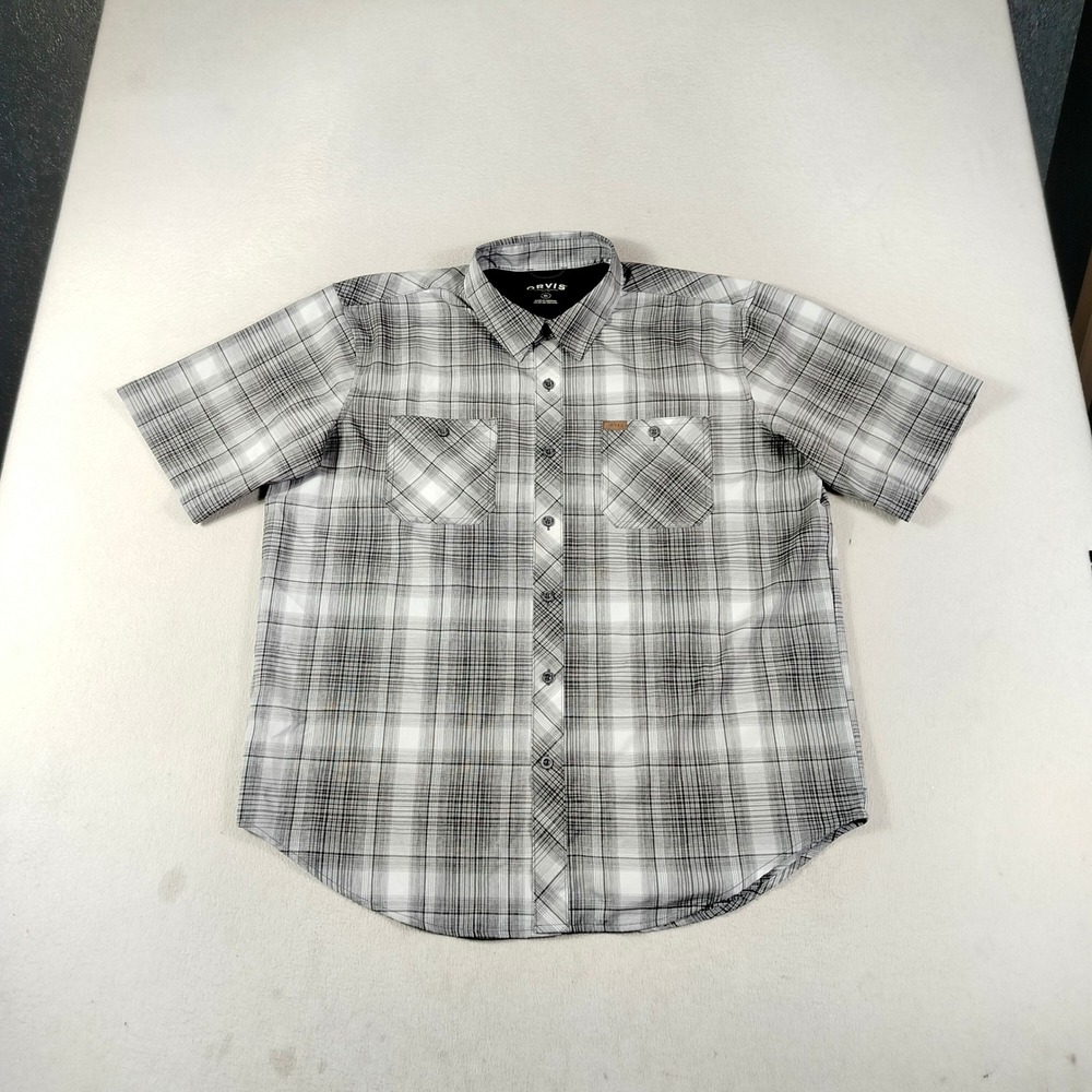 Orvis Button Down Shirt Mens XL Gray Plaid Short Sleeve Outdoor Classic Col
